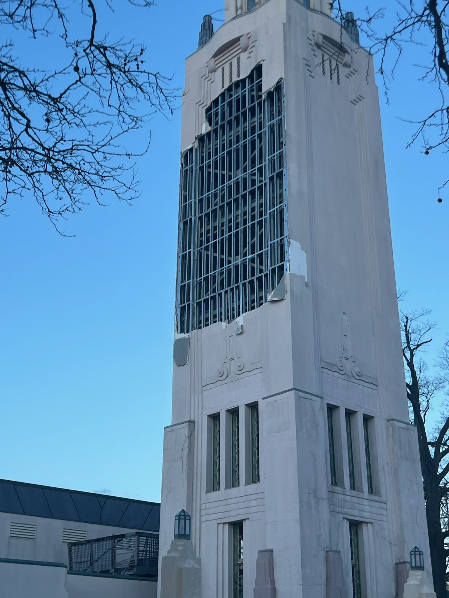(PHOTO: High winds into the early hours of Tuesday, March 17, 2026 severely damaged the Rye Playland Music Tower. Contributed.)