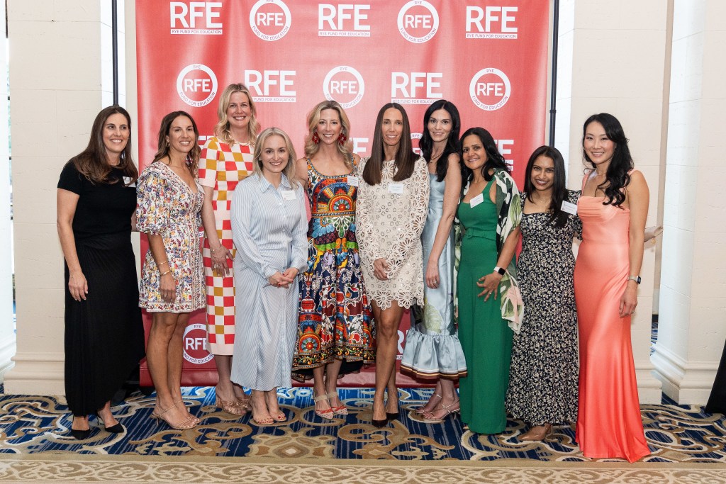 (PHOTO: Rye Fund for Education’s annual gala on March 26, 2026 raised over $470,000. Megan Schatz, Jennifer Shirreffs, Kayla Bird, Tammy Krup, Whitney Whipple, Cristina Duggan, Michelle Bea, Shrujal Baxi, Bhumi Makhijani, Diane Martin. Contributed.)