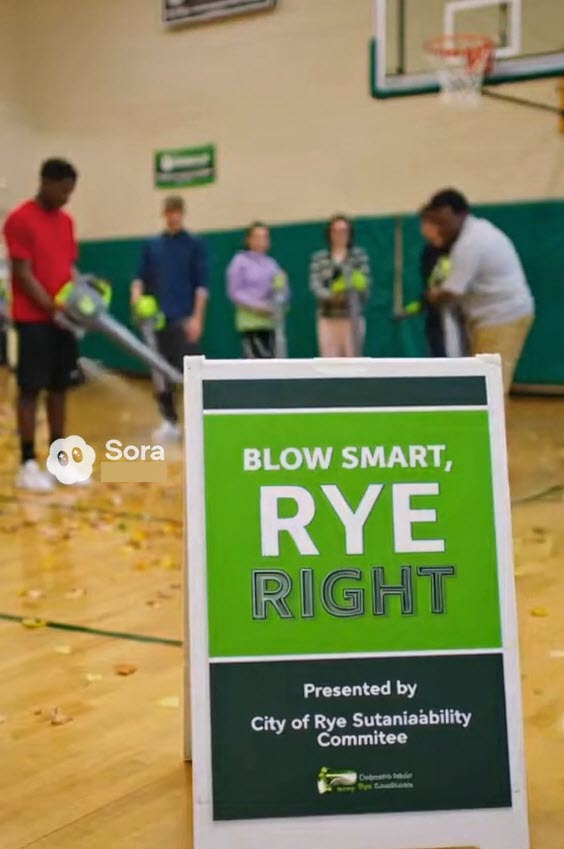 (PHOTO: The Rye Sustainability Committee will provide battery-powered leaf blower training sessions in the Rye Middle School gym. Credit: THE RYE ONION Fake News, Really Rye. A Satirical Series Presented by MyRye.com. Image created with AI.)