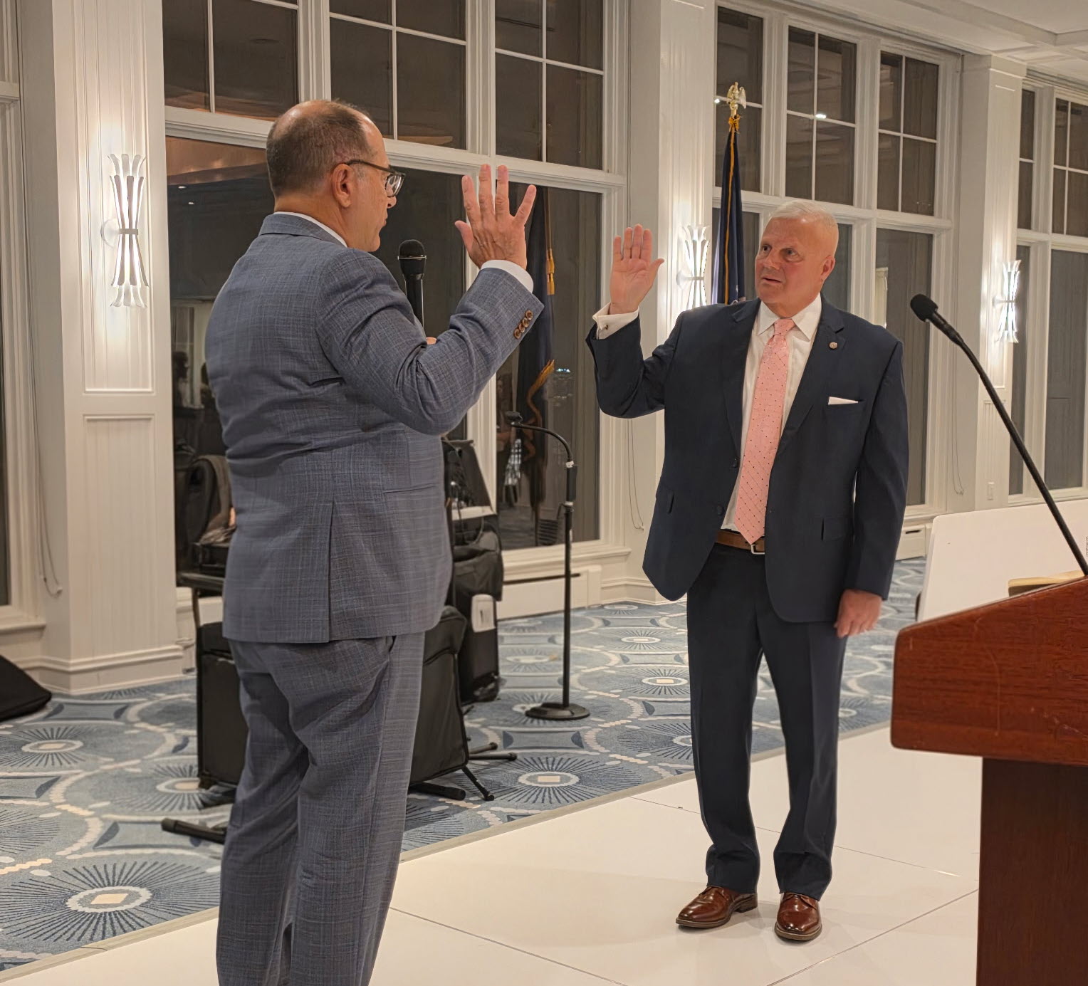 (PHOTO: Rye’s top cop Public Safety Commissioner Mike Kopy was installed as the head of the Westchester County Chiefs of Police Association (WCCOPA) on Friday, March 27, 2026 at the Beach Point Club in Mamaroneck. Kopy (right) was sworn in by Rye Mayor Josh Nathan. Contributed.)