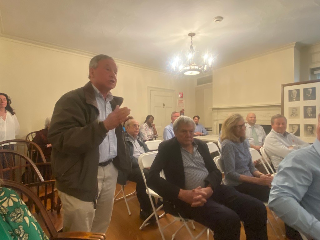 (PHOTO: Former Mayor and current NY State Assemblyman Steve Otis greets the annual Square House meeting of the Rye City Council on April 15, 2026.)