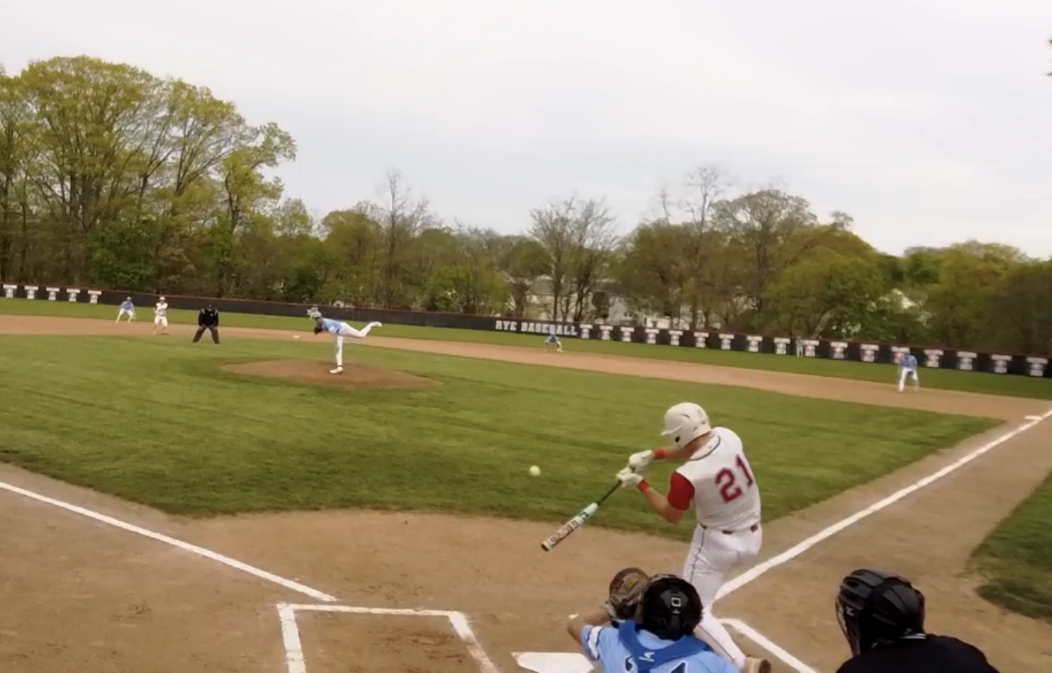 (PHOTO: Rye Baseball's Jamie Morris hitting a home run on April 29, 2026. Credit: GameChanger.)