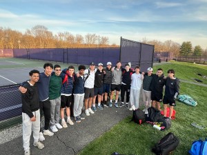 (PHOTO: The Rye Boys Tennis team gathered together after their win on April 9, 2026. Contributed.)