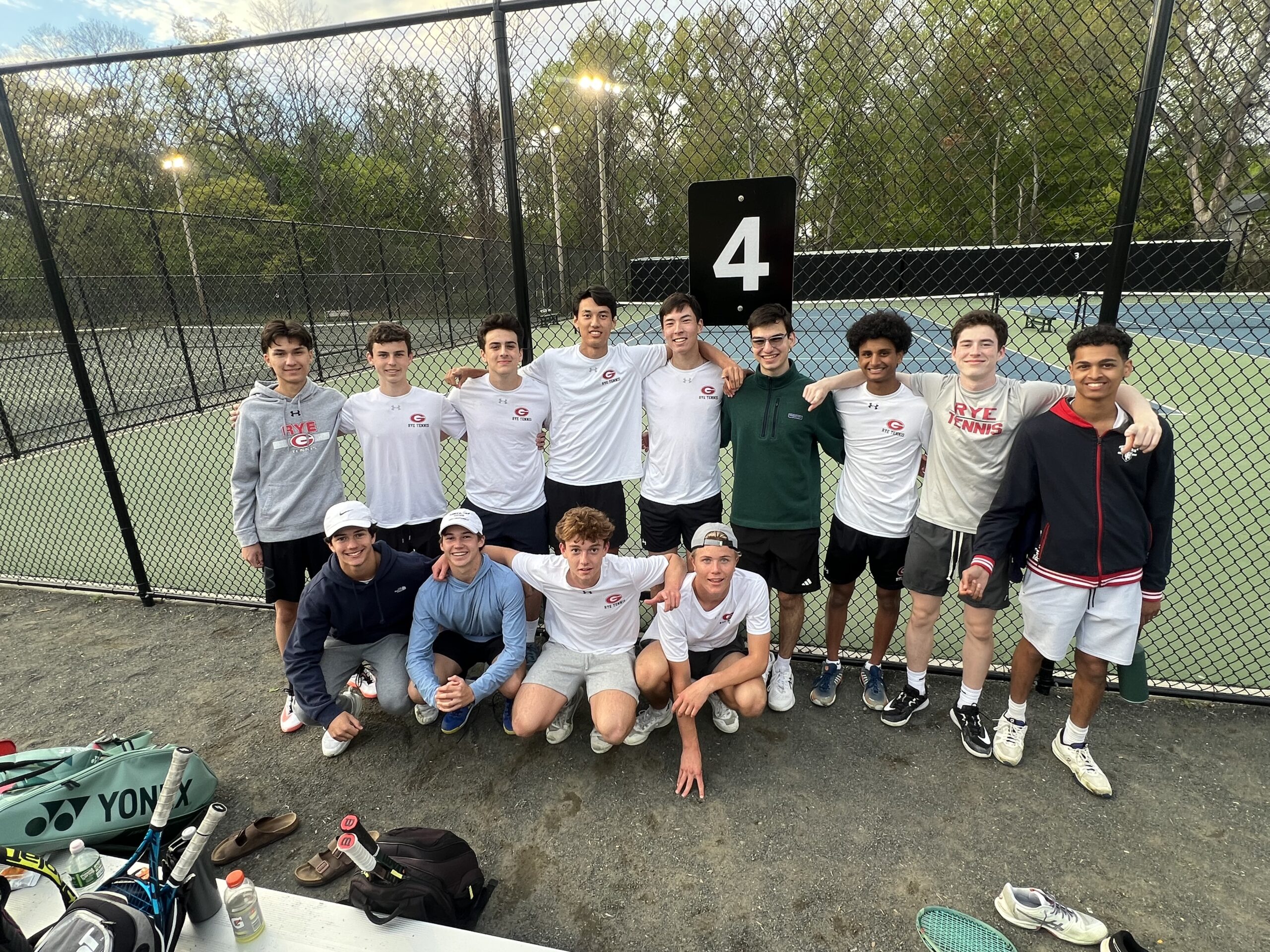 (PHOTO: The Rye Boys Tennis team gathered after a win on April 28, 2026. Contributed.)