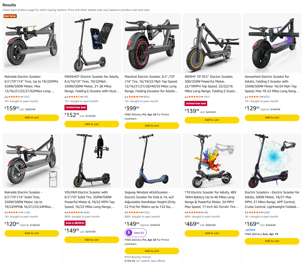 (PHOTO: The City of Rye is expressing concern about the dangerous and illegal use of electric scooters. The scooters are inexpensive, fast and increasingly popular. Image shows scooters for sale on Amazon.)