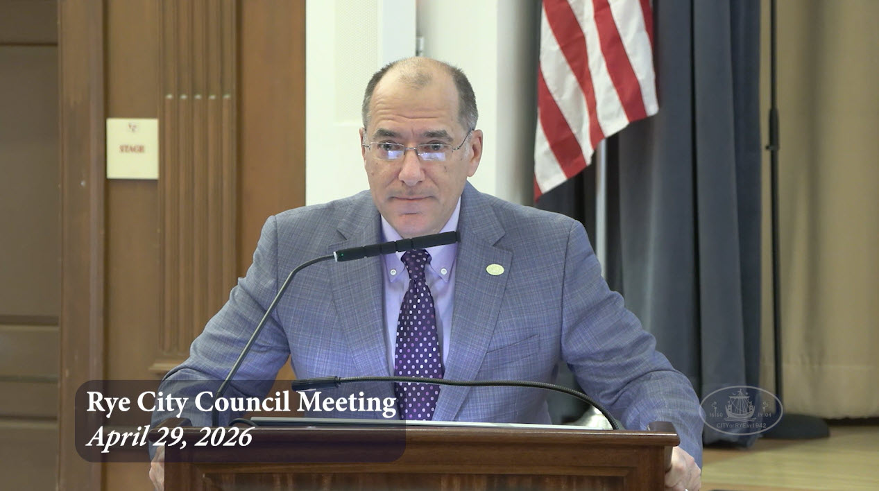 (PHOTO: Rye Mayor Josh Nathan delivered the State of the City Address on April 29, 2026 to an audience at The Osborn Home. Source: Rye City video.)