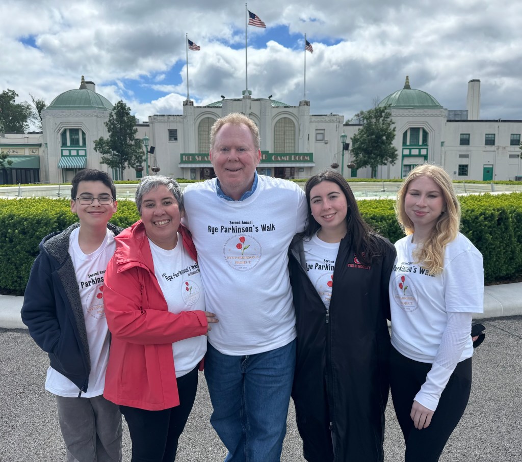 (PHOTO: Left to Right: Noah Steinmetz, Carmelita Chavez, Johnathon Steinmetz, Sofia Steinmetz, and Gabriela Steinmetz at the second annual Rye Parkinson's Fundraising Walk on Saturday, May 30, 2026. Contributed.)