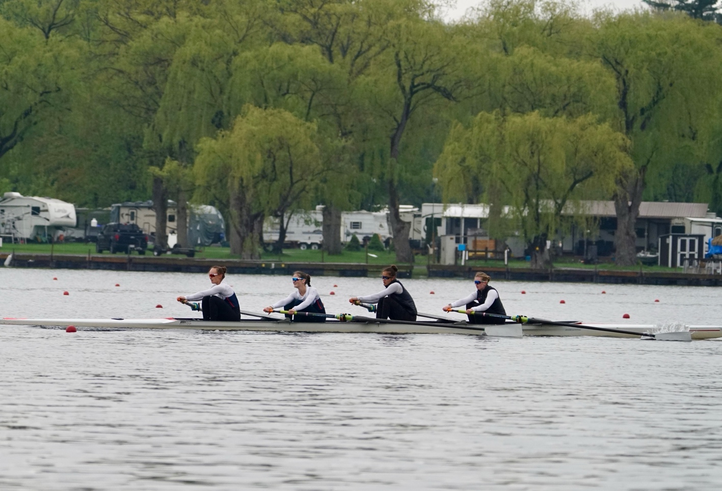 (PHOTO: The RowAmerica Rye Girls Varsity Four boat. From L to R: Masha Lekovic, Kate Reno, Rowen Kao Calmer and Maddie Ford. Contributed.)