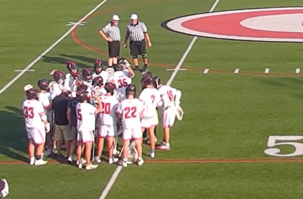 (PHOTO: The Rye Boys Lacrosse team huddling during a timeout in their 17-2 win on May 27, 2026.)