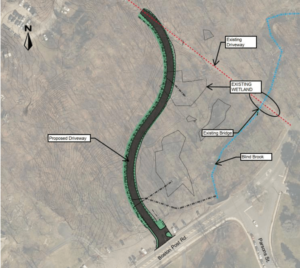 (PHOTO: The Rye Nature Center is planning a new driveway that will avoid crossing the Blind Brook entirely. The driveway will start in the snowfield parking lot off the Boston Post Road across from Rye High School.)