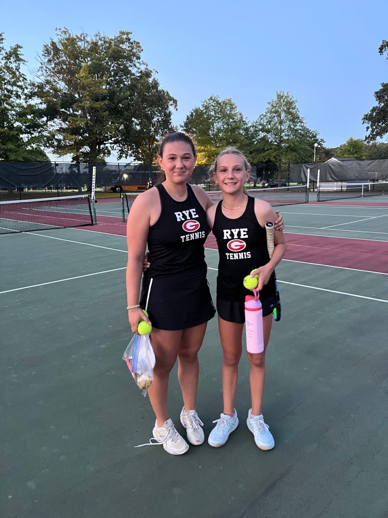 (PHOTO: Rye Girls Tennis' Alexandra DiMeo (left) and sister Avalina DiMeo (right) from a victory on September 15, 2026. Contributed.)