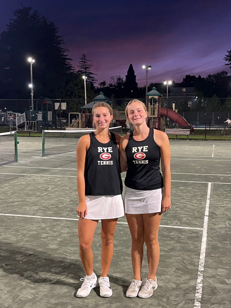 (PHOTO: Rye Girls Tennis duo team Paloma Pepper (left) and Sofia Echlov (right) from a victory on September 23, 2026. Contributed.)