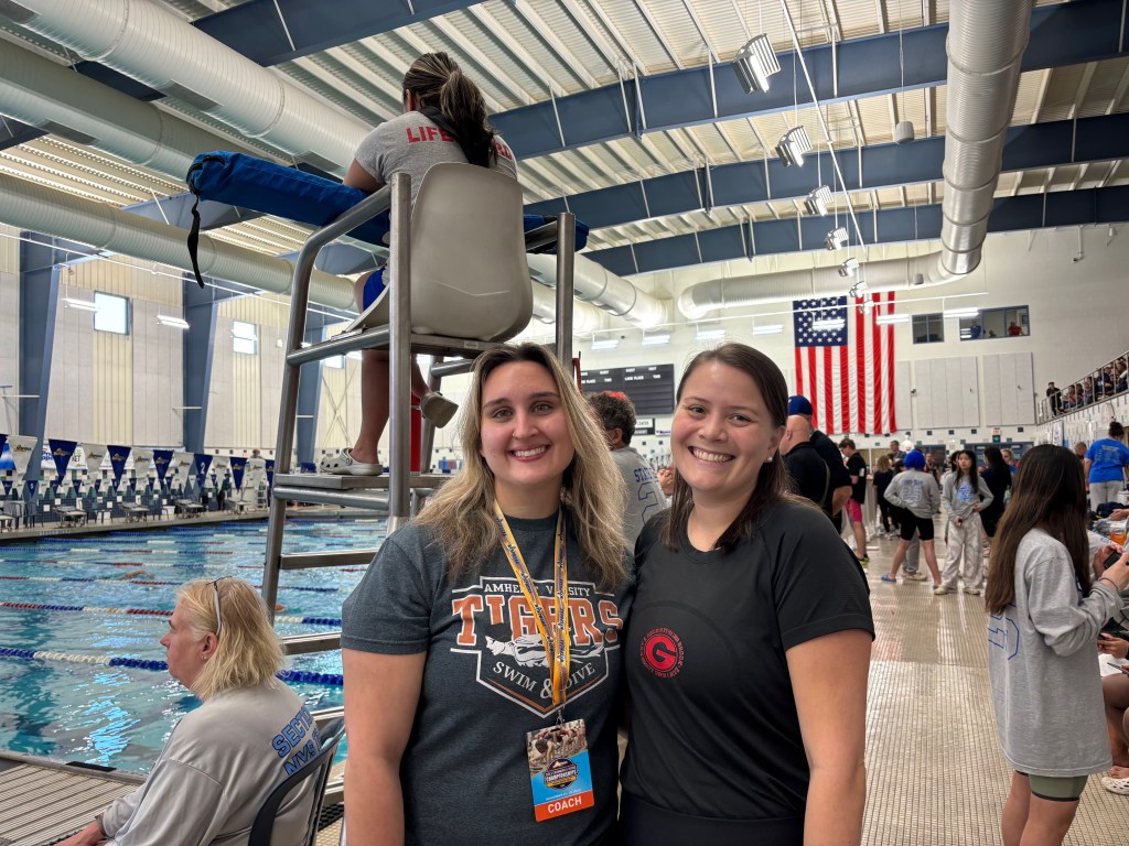 (PHOTO: Rye-Blind Brook-Rye Neck Swim and Dive team head coach Katie Konopka (right). Contributed.)