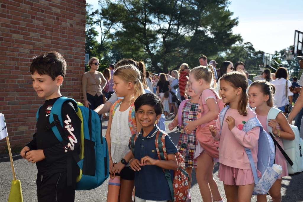 Students lined up outside school.