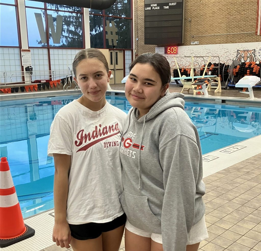 (PHOTO: Rye-Blind Brook-Rye Neck divers Lucie Megret (left) and Zoe Lopez (right) from a split meet on October 16, 2026. Contributed.)