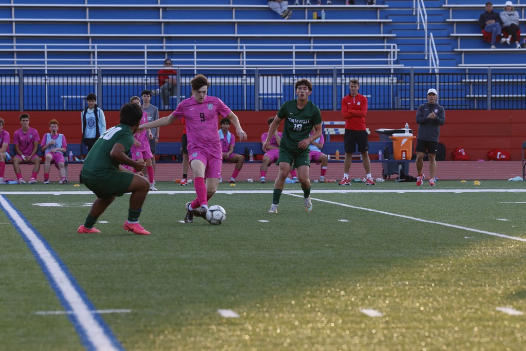 (PHOTO: Rye Boys Soccer's Kelston Litwin (#9) from a victory on October 12, 2026. Credit: Alvar Lee.)